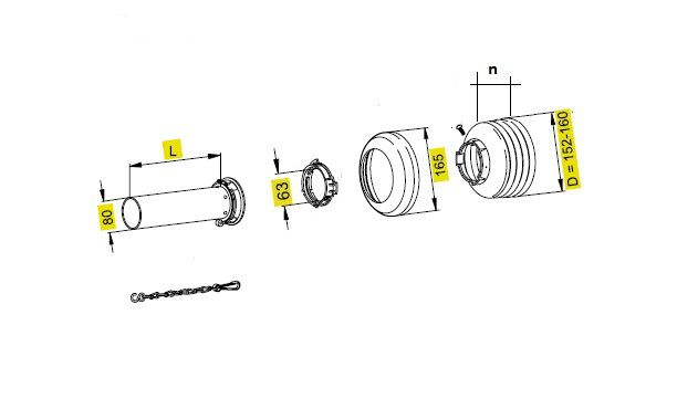 [WALTSDH25/1L1500-BI12] Stofkap Binnen SD25/1 lengte 1500mm met kap Ø 152mm