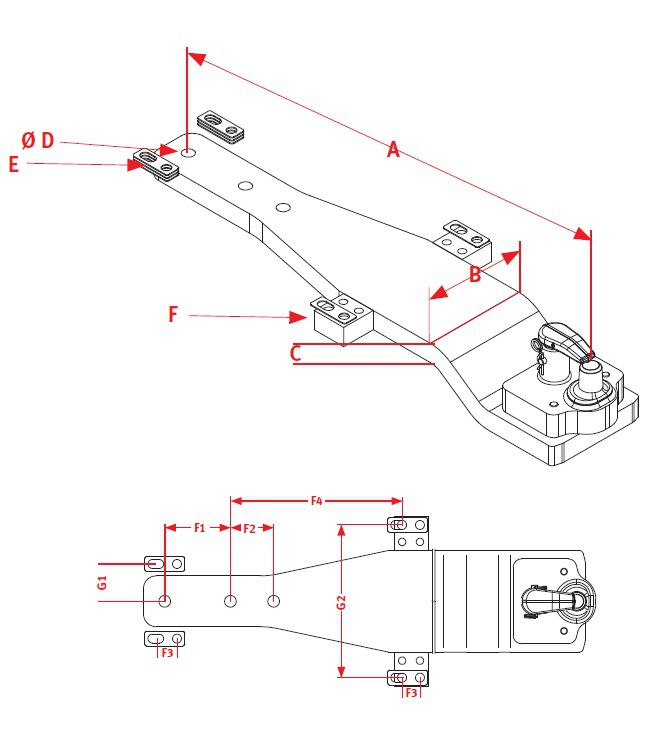 [CRAM8004974] Onderbalk met vaste pen PBA5344A - L = 1090 mm - Dikte 45 mm - Breedte 240 mm