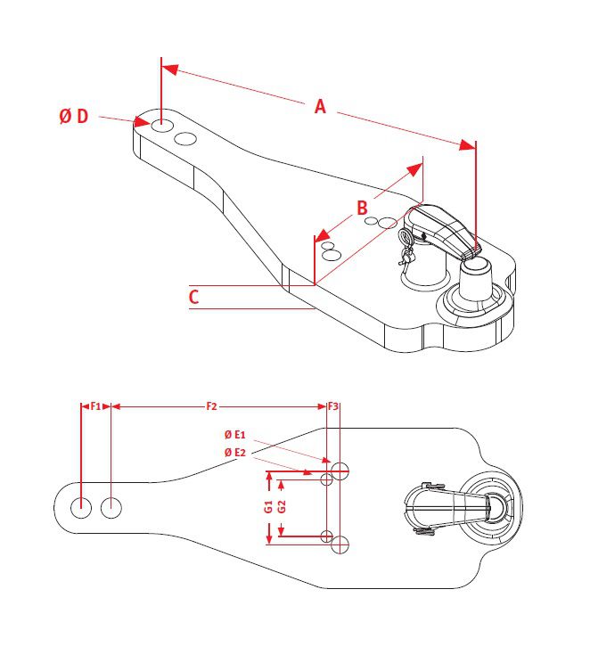 [CRAM8005132] Onderbalk met vaste pen PBA5303ML - L = 615 mm - Dikte 40 mm - Breedte 240 mm