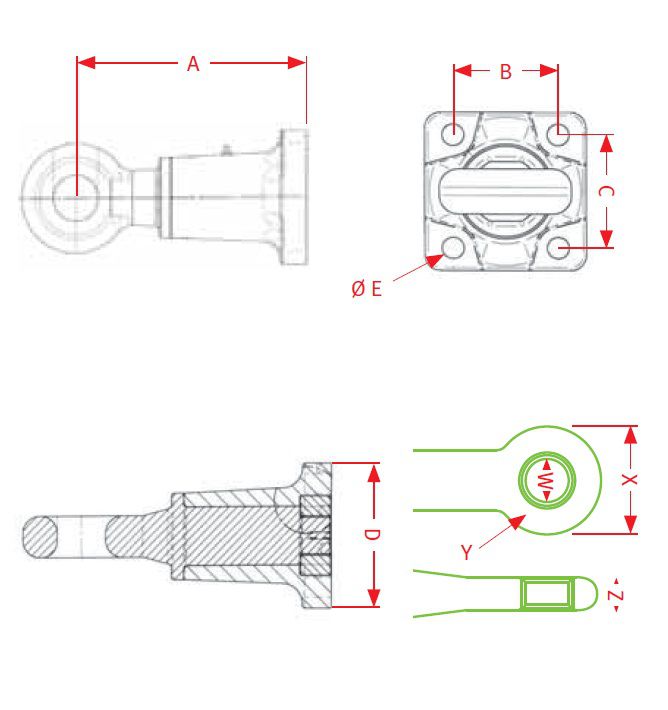 [CRAM8005146] Trehoog ZO5110RD - Flens 100 x 110 mm - 4 gaten Ø 17 mm - oog Ø 50 mm - L = 269 mm