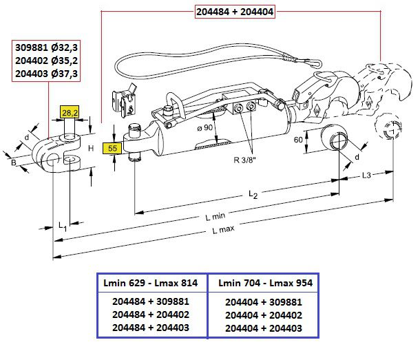 [WKSS204404] Hydraulisch derde punt CAT 3/90 - slag 250 mm --> 184KW
