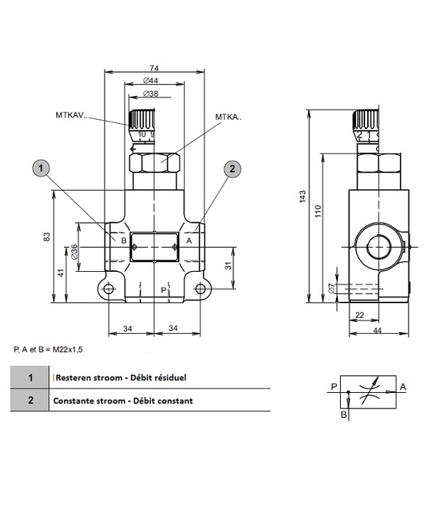 [DKWK 80 007 262] Debietregelaar BUCHER M22 - max 70L - prioriteit regelbaar 0 - 25L