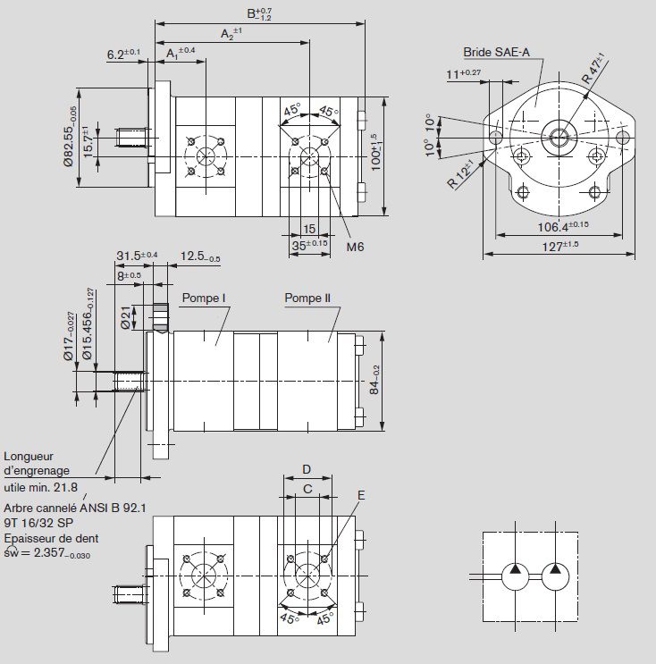 [DKWK 81 010 213 B] Pomp 2 gaten 106,4 - SAE A - spline as 9T - 14 + 8,0 cc - Rechts draaien - Bosch
