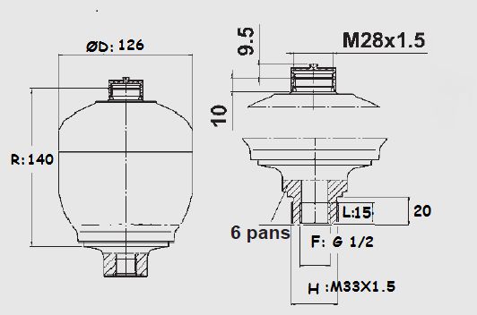 [DKWK 80 050 134] Accumulator 0,75 l - 330 bar max - ma. M33x1.5 + vr.1/2 - vuldruk 120 bar