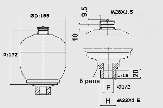[DKWK 80 050 142] Accumulator 1,4 l - 330 bar max - ma. M33x1.5 +vr.1/2 - vuldruk 50 bar 