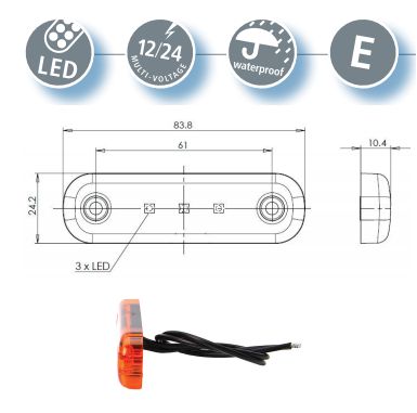 [AEBB201-DV-OR] Markeerverlichting 12/24V - 3 Leds - 83.3 x 24.2 x 10.4 - Oranje