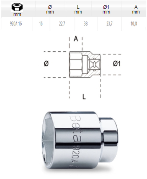 [BETA920 A16] Dopsleutel zeskant - 1/2 - 16mm