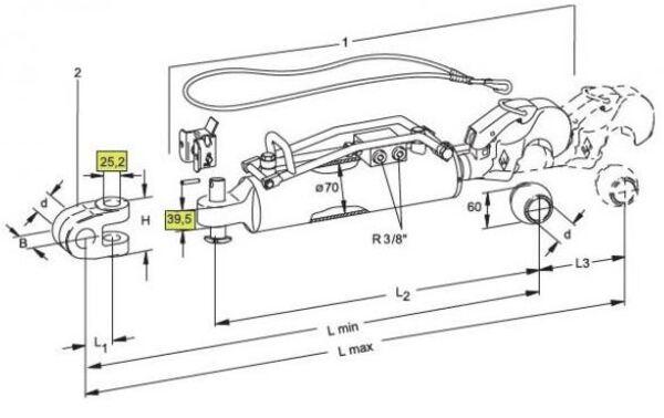[WKSS207239] Hydraulisch derde punt met dempingsmechanisme  CAT 3/70 - slag 250 mm --> 110KW