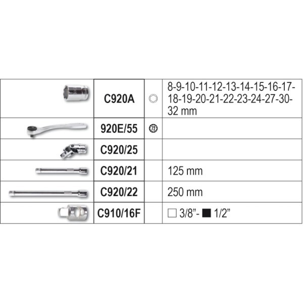 [BETA923E/C25] Dopsleutelset 1/2" 6-kant Metrisch 8-32 mm