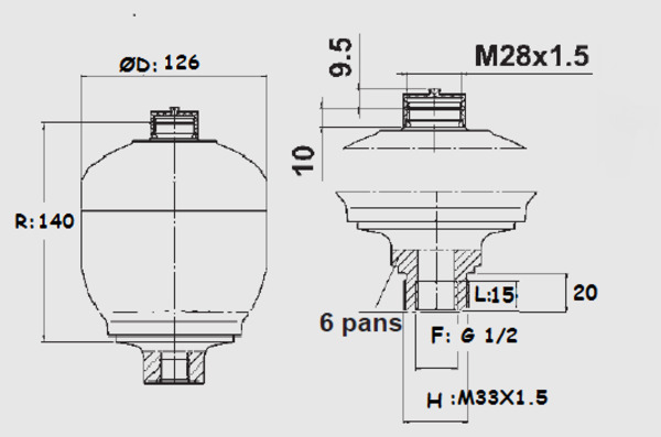 [DKWK 80 050 135] Accumulator 0,75 l - 330 bar max - ma. M33x1.5 + vr.1/2 - vuldruk 60 bar