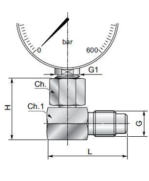 [DKWK 80 800 321] Druknemer 90° manometer (vrouwelijk 1/2" BSP) x  (mannelijk M16 x 2)