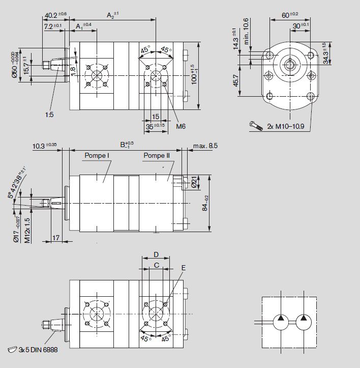 [DKWK 81 019 255 B]  Pomp 2 gaten 60,0 x 60 - conische as - 5,5 + 4,0 cc - Links draaien - Bosch