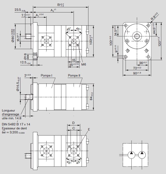 [DKWK 81 018 207 B]  Pomp 4 gaten 72,0 x 100 - spline as 9T - 11 + 5,5 cc - Links draaien - Bosch