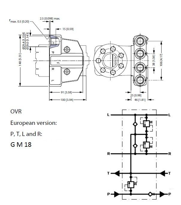 [DANF152-0002] Hoek blok  M18 met overdrukklep 90 bar en antichoc kleppen 150 bar