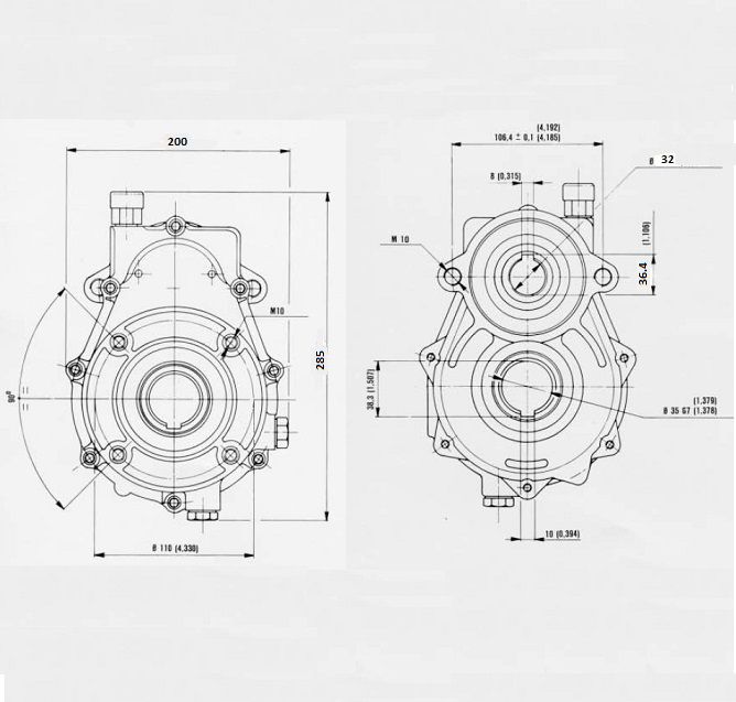 [DKWK 81 305 120] Versnellingskast - FR3 1:3 - Vrouwelijk 35 mm - Motor as 32 mm - 2 gaten