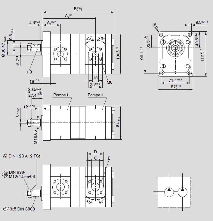 [DKWK 81 016 202 B]  Pomp 4 gaten 71,4 x96 - conische as - 16,0 + 11,0 cc - Rechts draaien - Bosch
