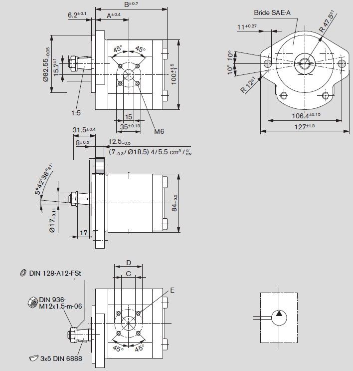 [DKWK 81 001 011 B] Pomp 2 gaten 106,4 - conische as - 14 cc - Links draaien - Bosch