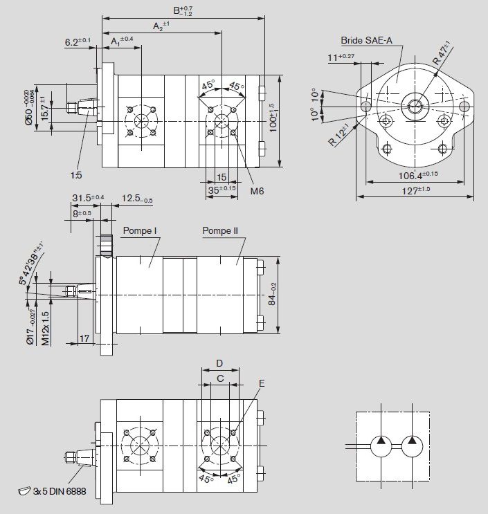 [DKWK 81 001 201 B] Pomp 2 gaten 106,4 - SAE A - conische as - 8 + 16,0 cc - Rechts draaien - Bosch