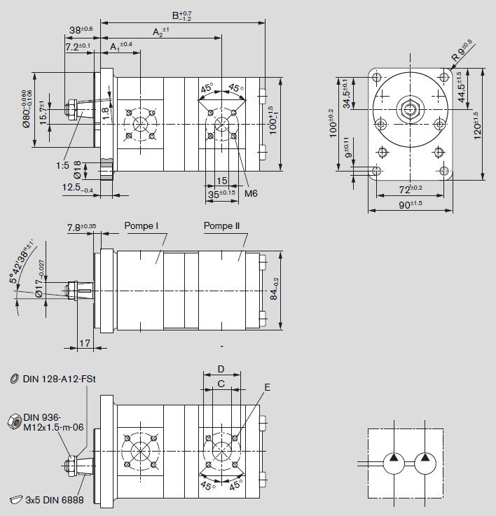 [DKWK 81 099 281 B]  Pomp 4 gaten 72,0 x 100 - conische as - 11 + 5,5 cc - Links draaien - Bosch