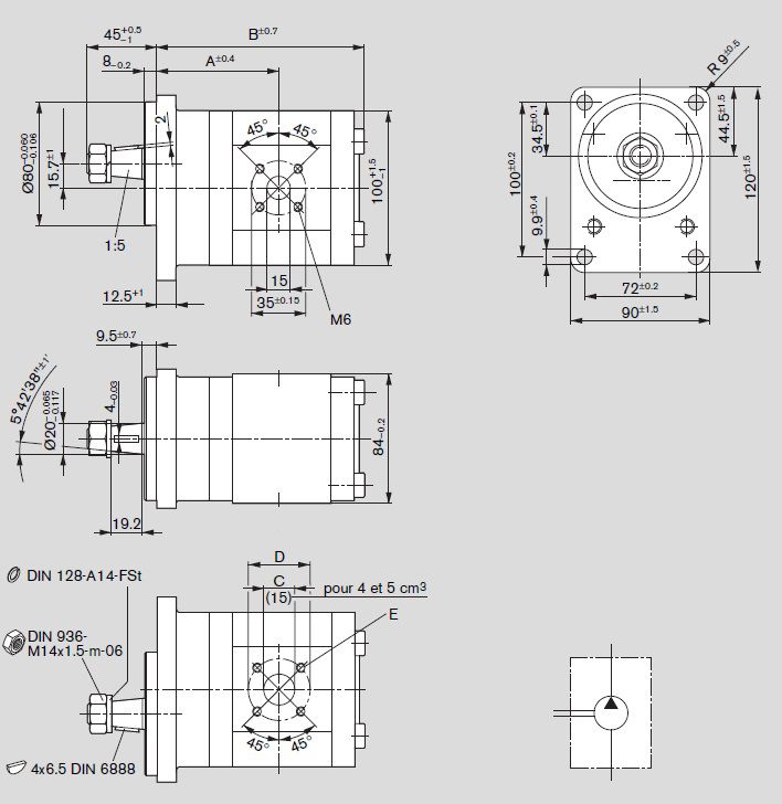 [DKWK 81 012 003 B]  Pomp 4 gaten 72,0 x 100 - conische as + voorzetlager - 16,0 cc - Links draaien - Bosch