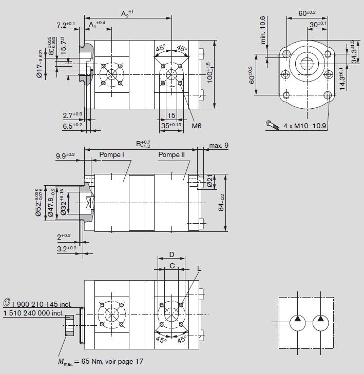 [DKWK 81 012 200 B]  Pomp 2 gaten 60,0 x 60 - Oldhamkoppeling - 16,0 + 8,0 cc - Links draaien - Bosch