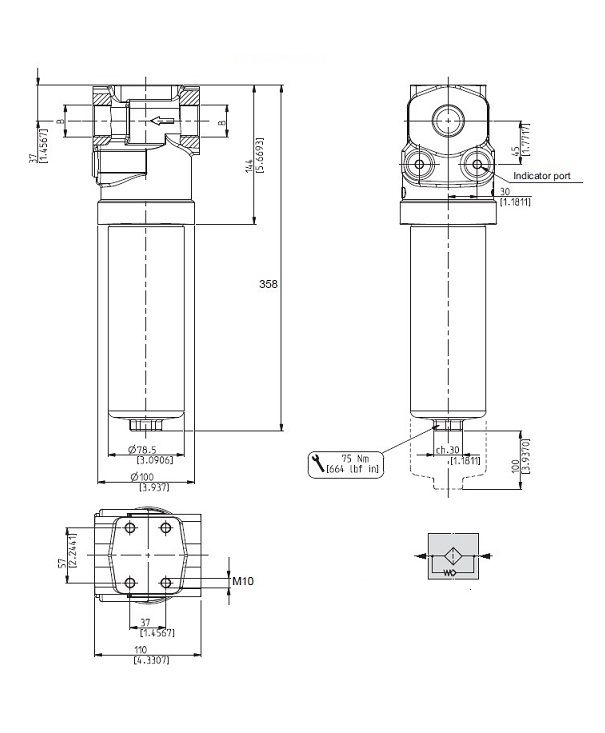 [DKWK 80 020 111 H] Drukfilter 1" BSP - 10 microns - max 120 L/min - max 420 bar met by-pass 6 bar