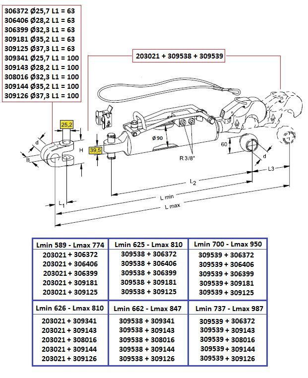 [WKSS203021] Hydraulisch derde punt CAT 3/90 - slag 185 mm --> 147KW - extra kort