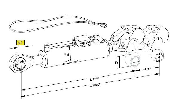 [WKSS202521] Hydraulisch derde punt CAT 3/70 - slag 210 mm - kogel Ø 25,4 --> 103KW - zonder slang