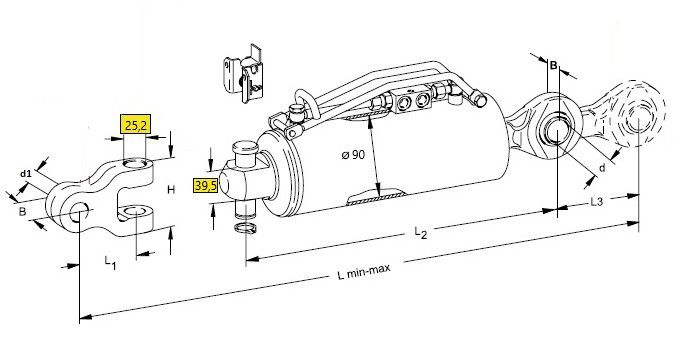 [WKSS8078273] Hydraulisch derde punt CAT 3/90 - slag 250 mm - kogel Ø32,3 - gaffelkop Ø 32,3  --> 147KW