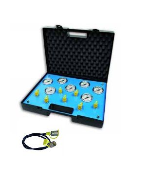 Koffer met 7  manometers - 2 x 0-25 bar - 1 x 0-40 bar - 4 x 0-400 bar + slang L = 1000 mm